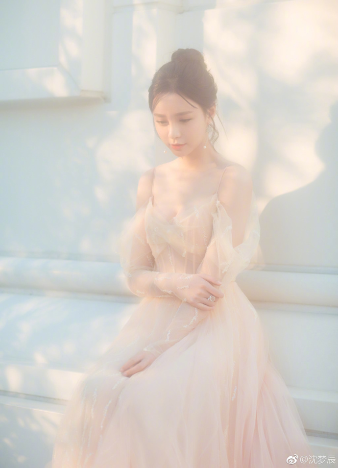 湖南美女明星沈梦辰深V纱裙露诱人酥胸性感图片 6