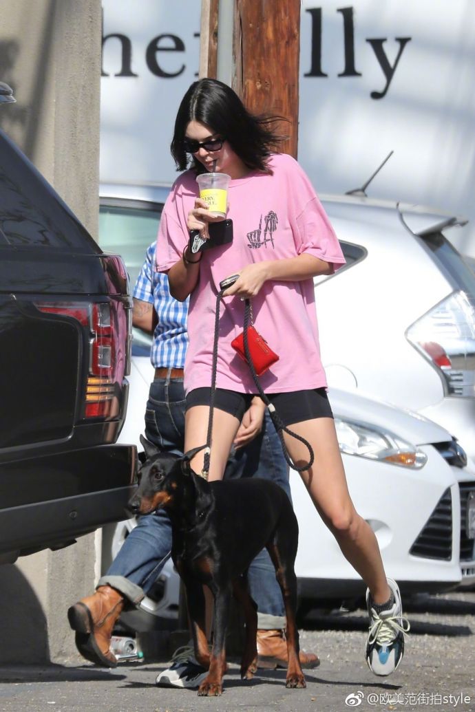 欧美美女明星Kendall Jenner身穿桃粉色T恤牵着狗狗 2