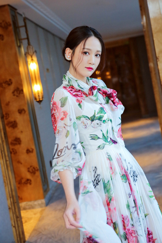 台湾美女明星陈乔恩印花束腰纱裙温柔优雅迷人 3