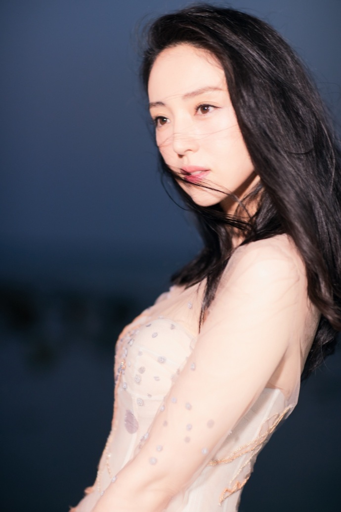大眼美女明星董璇裸色刺绣长纱裙飘逸唯美图片