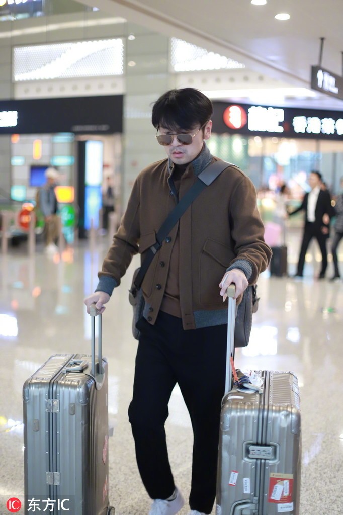 大陆男演员雷佳音同色系穿搭机场街拍图片 2