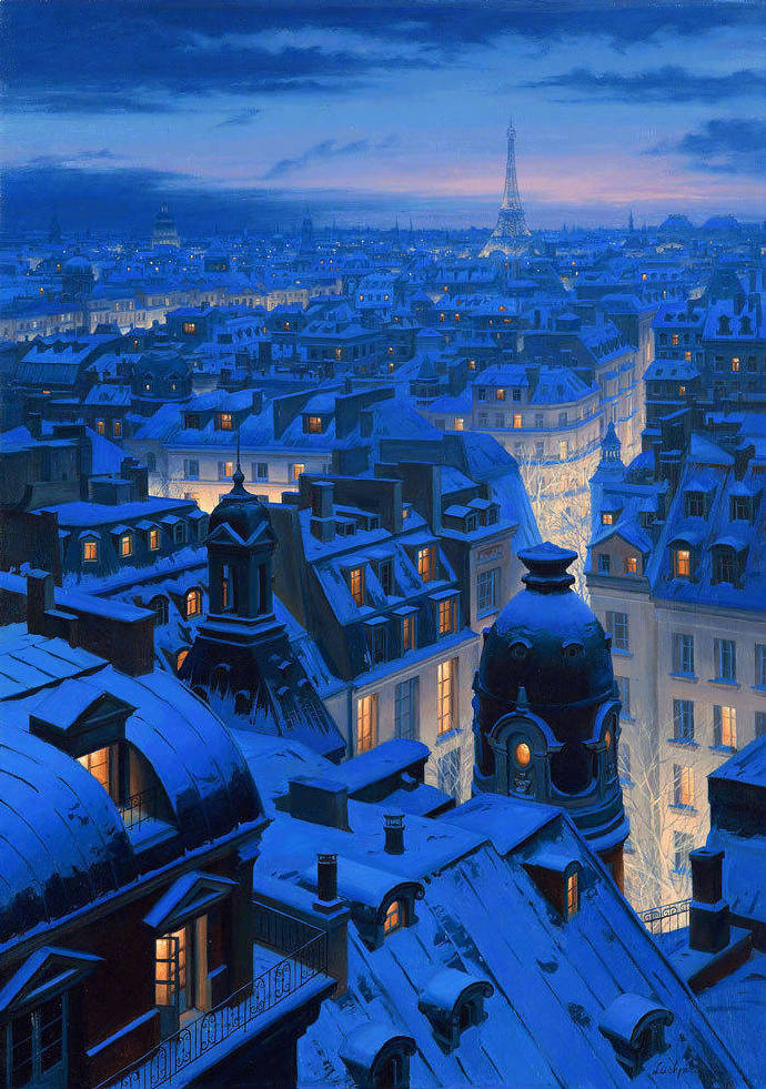 俄罗斯画家Evgeny Lushpin油画作品欧洲城市的雪夜