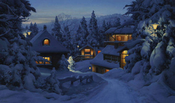 俄罗斯画家Evgeny Lushpin油画作品欧洲城市的雪夜 2