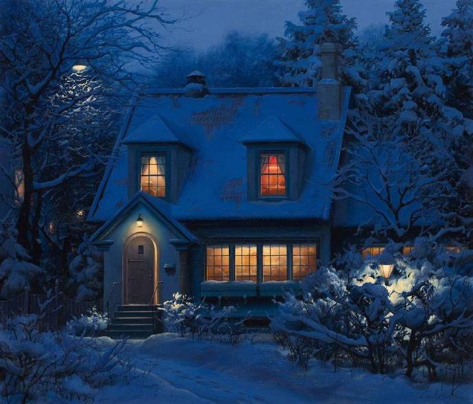 俄罗斯画家Evgeny Lushpin油画作品欧洲城市的雪夜 4