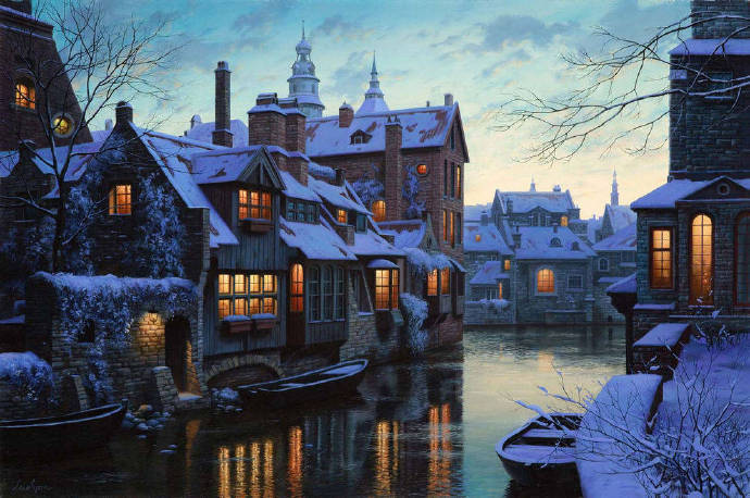 俄罗斯画家Evgeny Lushpin油画作品欧洲城市的雪夜 6