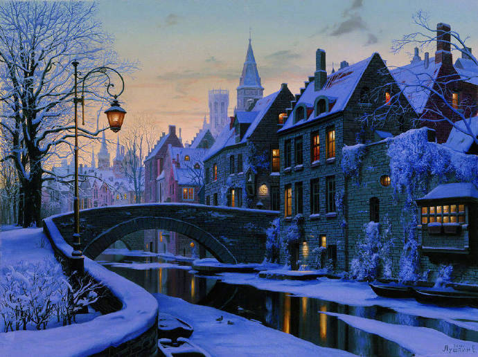 俄罗斯画家Evgeny Lushpin油画作品欧洲城市的雪夜 7