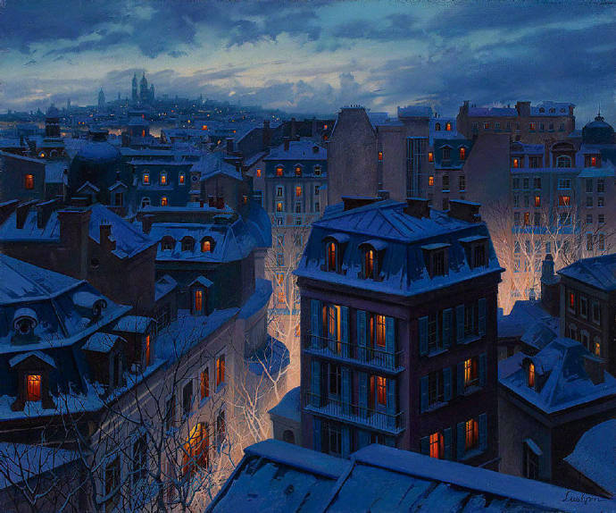 俄罗斯画家Evgeny Lushpin油画作品欧洲城市的雪夜 8