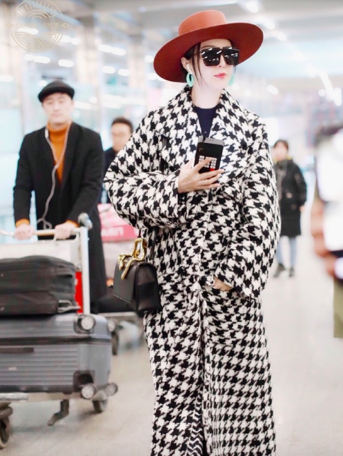 中国美女明星范冰冰身着CHANEL千鸟格大衣街拍图片 2