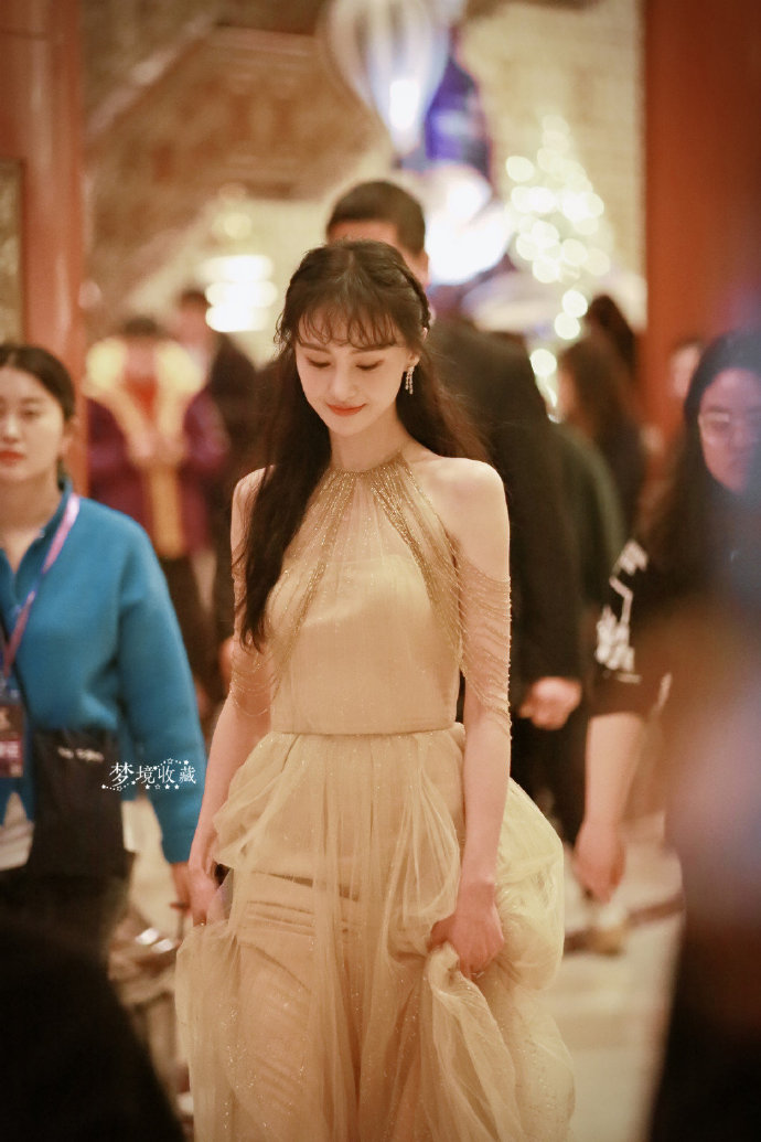 中国美女明星郑爽身穿金色长裙高贵优雅图片 5
