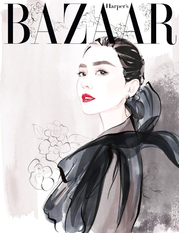 中国女明星古典美女刘诗诗手绘画登《时尚芭莎》封面图片 3