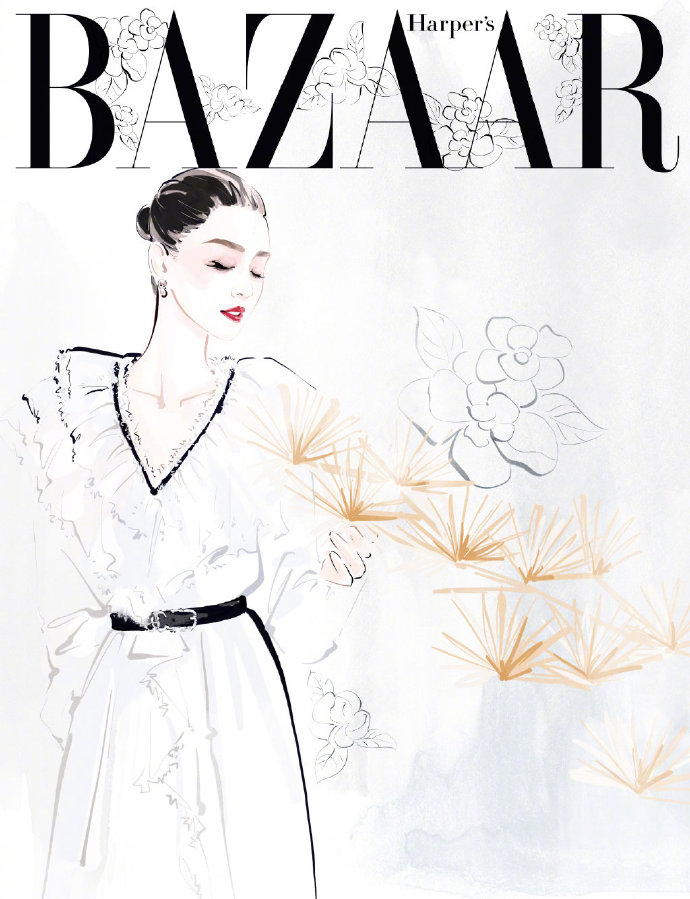 中国女明星古典美女刘诗诗手绘画登《时尚芭莎》封面图片 4