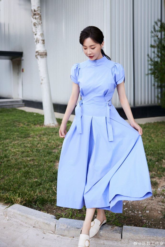 知性美女演员陈数蓝色连衣裙图片 3