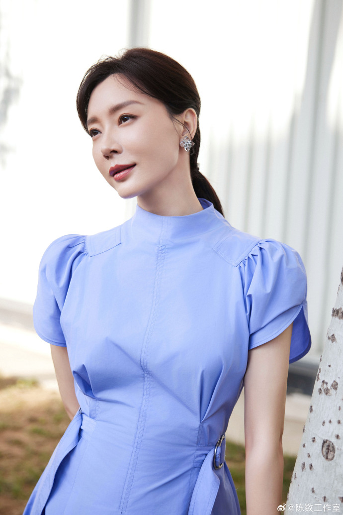知性美女演员陈数蓝色连衣裙图片 5